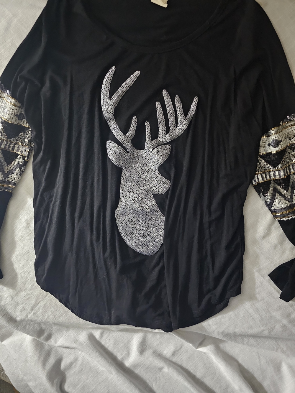 Sequin Deer Graphic Black Women's Top